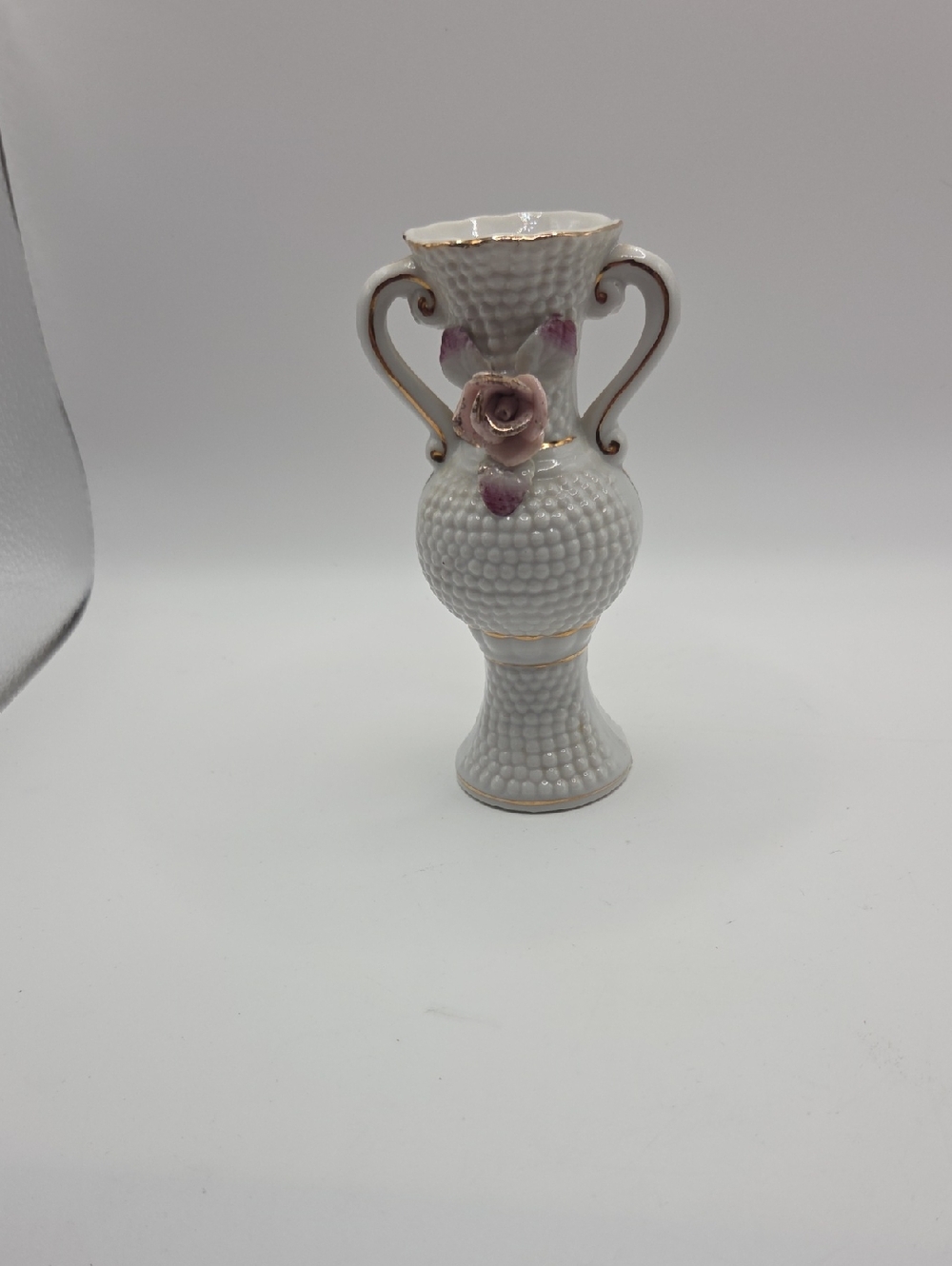 Vintage Hobnail Case Japan White Ceramic Bud Vase with Pink Rose Accent